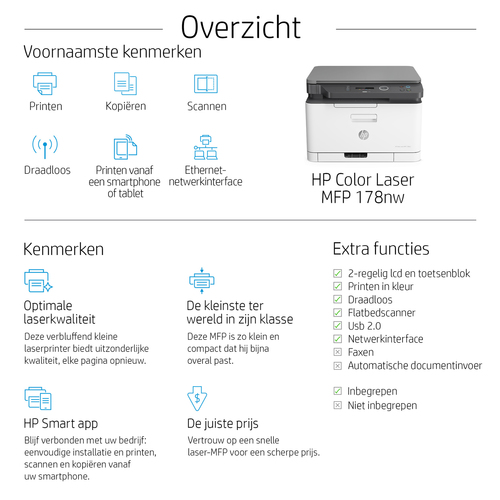 HP Color Laser MFP 178nw, Kleur, Printer voor Printen, kopiëren, scannen, Scans naar pdf