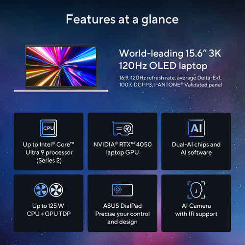 ASUS Vivobook Pro 15 OLED N6506CU-MA040WS Intel Core Ultra 9 285H Laptop 39,6 cm (15.6") 3K 24 GB DDR5-SDRAM 1 TB SSD NVIDIA GeForce RTX 4050 Wi-Fi 6E (802.11ax) Windows 11 Home Belgisch Zwart, Grijs