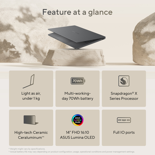 ASUS Zenbook A14 UX3407QA-QD220W Copilot+ PC Qualcomm Snapdragon X1-26-100 Laptop 35,6 cm (14") WUXGA 32 GB LPDDR5x-SDRAM 1 TB SSD Wi-Fi 6E (802.11ax) Windows 11 Home Belgisch Grijs