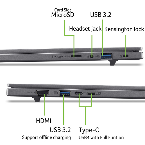 Acer Aspire 16 AI A16-61M-R7K9 Copilot+ PC AMD Ryzen AI 5 330 Laptop 40,6 cm (16") WUXGA 32 GB LPDDR5x-SDRAM 512 GB SSD Wi-Fi 6E (802.11ax) Windows 11 Home Grijs