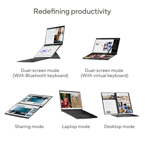 ASUS Zenbook Duo UX8406CA-QL038W Intel Core Ultra 7 255H Hybride (2-in-1) 35,6 cm (14") Touchscreen WUXGA 32 GB LPDDR5x-SDRAM 1 TB SSD Wi-Fi 7 (802.11be) Windows 11 Home Belgisch Grijs
