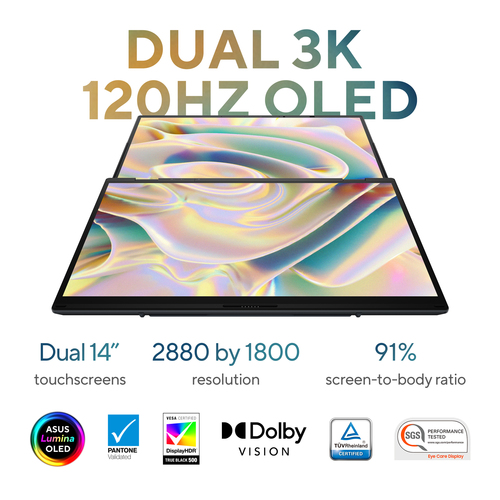 ASUS Zenbook Duo UX8406CA-QL038W Intel Core Ultra 7 255H Hybride (2-in-1) 35,6 cm (14") Touchscreen WUXGA 32 GB LPDDR5x-SDRAM 1 TB SSD Wi-Fi 7 (802.11be) Windows 11 Home Belgisch Grijs