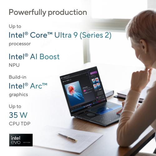ASUS Zenbook Duo UX8406CA-QL038W Intel Core Ultra 7 255H Hybride (2-in-1) 35,6 cm (14") Touchscreen WUXGA 32 GB LPDDR5x-SDRAM 1 TB SSD Wi-Fi 7 (802.11be) Windows 11 Home Belgisch Grijs