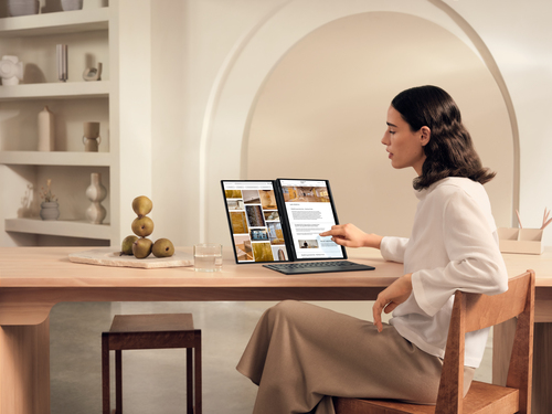 ASUS Zenbook Duo UX8406CA-QL038W Intel Core Ultra 7 255H Hybride (2-in-1) 35,6 cm (14") Touchscreen WUXGA 32 GB LPDDR5x-SDRAM 1 TB SSD Wi-Fi 7 (802.11be) Windows 11 Home Belgisch Grijs