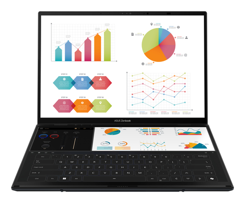ASUS Zenbook Duo UX8406CA-QL038W Intel Core Ultra 7 255H Hybride (2-in-1) 35,6 cm (14") Touchscreen WUXGA 32 GB LPDDR5x-SDRAM 1 TB SSD Wi-Fi 7 (802.11be) Windows 11 Home Belgisch Grijs