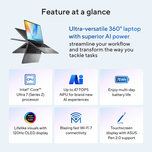 ASUS Vivobook 16 Flip TP3607SA-SI131W Copilot+ PC Intel Core Ultra 7 256V Hybride (2-in-1) 40,6 cm (16") Touchscreen WUXGA 16 GB LPDDR5x-SDRAM 512 GB SSD Wi-Fi 7 (802.11be) Windows 11 Home Belgisch Grijs
