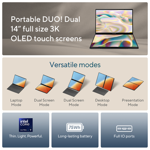 ASUS Zenbook Duo UX8406CA-QLNADW Intel Core Ultra 7 255H Hybride (2-in-1) 35,6 cm (14") Touchscreen Full HD 32 GB LPDDR5x-SDRAM 1 TB SSD Wi-Fi 7 (802.11be) Windows 11 Home Grijs AZERTY Belgisch