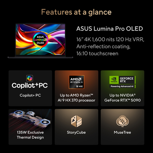 ASUS ProArt P16 H7606WP-SRNA6X Copilot+ PC AMD Ryzen AI 9 HX 370 Laptop 40,6 cm (16") Touchscreen 3K 64 GB LPDDR5x-SDRAM 1 TB SSD NVIDIA GeForce RTX 5070 Wi-Fi 7 (802.11be) Windows 11 Pro Zwart AZERTY Belgisch