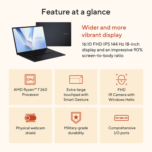 ASUS Vivobook 18 M1807HA-S16512W Copilot+ PC AMD Ryzen™ 7 260 Laptop 46,7 cm (18.4") WUXGA 16 GB DDR5-SDRAM 512 GB SSD Wi-Fi 6 (802.11ax) Windows 11 Home Zilver AZERTY Belgisch