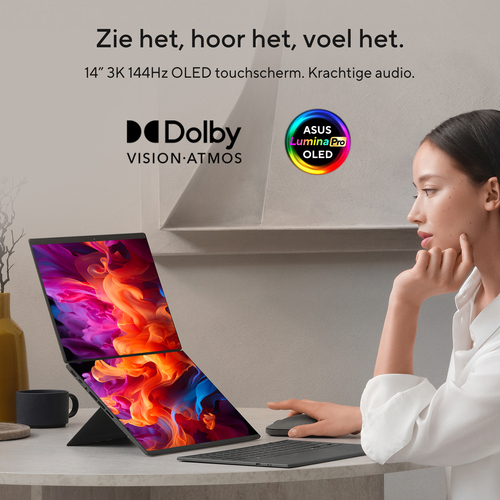 ASUS Zenbook Duo UX8407AA-SN481WS Intel Core Ultra 9 386H Laptop 35,6 cm (14") Touchscreen 3K 32 GB LPDDR5x-SDRAM 1 TB SSD Wi-Fi 7 (802.11be) Windows 11 Home Grijs AZERTY Belgisch