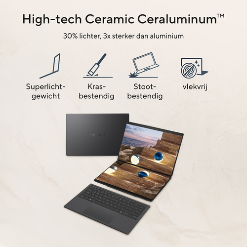 ASUS Zenbook Duo UX8407AA-SN481WS Intel Core Ultra 9 386H Laptop 35,6 cm (14") Touchscreen 3K 32 GB LPDDR5x-SDRAM 1 TB SSD Wi-Fi 7 (802.11be) Windows 11 Home Grijs AZERTY Belgisch