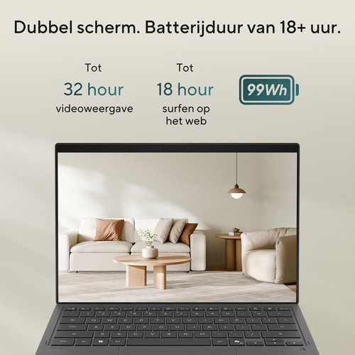 ASUS Zenbook Duo UX8407AA-SN481WS Intel Core Ultra 9 386H Laptop 35,6 cm (14") Touchscreen 3K 32 GB LPDDR5x-SDRAM 1 TB SSD Wi-Fi 7 (802.11be) Windows 11 Home Grijs AZERTY Belgisch