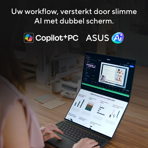 ASUS Zenbook Duo UX8407AA-SN481WS Intel Core Ultra 9 386H Laptop 35,6 cm (14") Touchscreen 3K 32 GB LPDDR5x-SDRAM 1 TB SSD Wi-Fi 7 (802.11be) Windows 11 Home Grijs AZERTY Belgisch