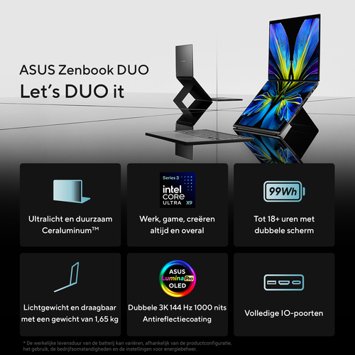 ASUS Zenbook Duo UX8407AA-SN481WS Intel Core Ultra 9 386H Laptop 35,6 cm (14") Touchscreen 3K 32 GB LPDDR5x-SDRAM 1 TB SSD Wi-Fi 7 (802.11be) Windows 11 Home Grijs AZERTY Belgisch