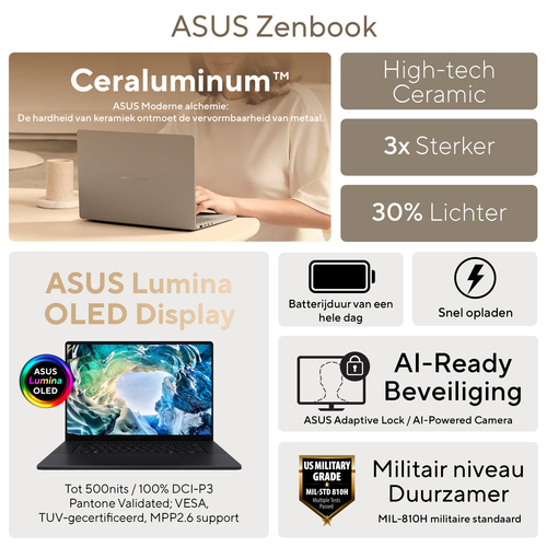 ASUS Zenbook Duo UX8407AA-SN481WS Intel Core Ultra 9 386H Laptop 35,6 cm (14") Touchscreen 3K 32 GB LPDDR5x-SDRAM 1 TB SSD Wi-Fi 7 (802.11be) Windows 11 Home Grijs AZERTY Belgisch