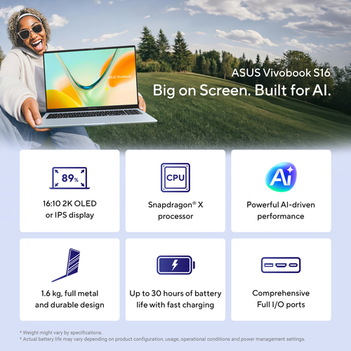 ASUS Vivobook S16 S5608QA-MB255W Copilot+ PC Snapdragon X1-26-101 Laptop 40,6 cm (16") WUXGA 8 GB LPDDR5x-SDRAM 256 GB SSD Wi-Fi 6E (802.11ax) Windows 11 Home Blauw AZERTY Belgisch