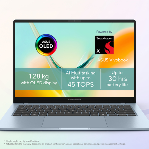 ASUS Vivobook S14 S5408QA-TM275W Copilot+ PC Snapdragon X1-26-101 Laptop 35,6 cm (14") WUXGA 8 GB LPDDR5x-SDRAM 256 GB SSD Wi-Fi 6E (802.11ax) Windows 11 Home Blauw AZERTY Belgisch