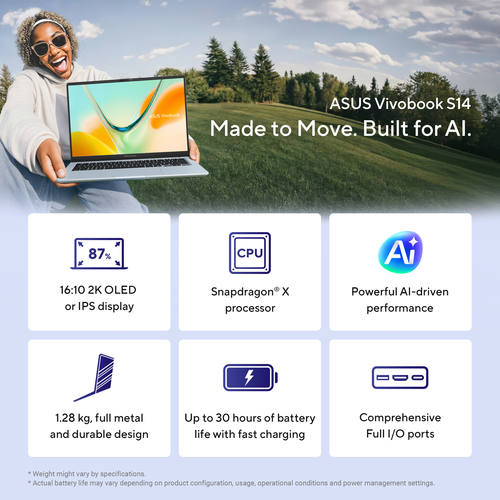 ASUS Vivobook S14 S5408QA-TM275W Copilot+ PC Snapdragon X1-26-101 Laptop 35,6 cm (14") WUXGA 8 GB LPDDR5x-SDRAM 256 GB SSD Wi-Fi 6E (802.11ax) Windows 11 Home Blauw AZERTY Belgisch