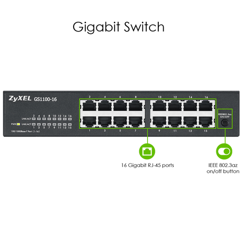 Zyxel GS1100-16 Unmanaged Gigabit Ethernet (10/100/1000) Zwart