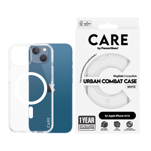 PanzerGlass CARE™ by ® Urban Combat Case Transparent w. White MagSafe iPhone 14 | 13 mobiele telefoon behuizingen Hoes Transparant