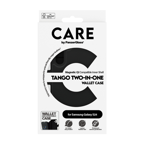 PanzerGlass CARE™ by ® Tango 2-in-1 Wallet Case w. Qi Compatible Samsung Galaxy S24 mobiele telefoon behuizingen Hoes Zwart