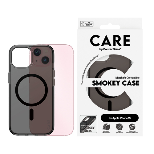 PanzerGlass CARE™ by ® Smokey Case w. Black MagSafe iPhone 15 mobiele telefoon behuizingen Hoes Zwart