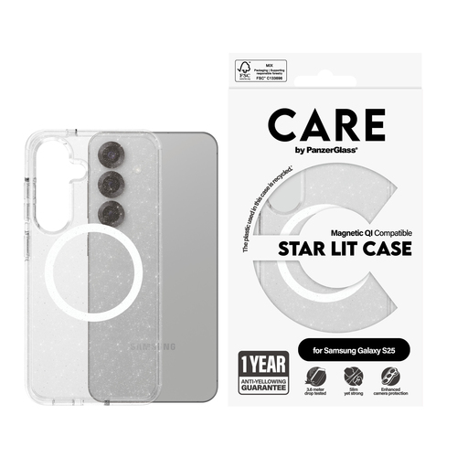 PanzerGlass CARE™ by ® Star Lit Case w. White Qi Compatible Samsung Galaxy S25 mobiele telefoon behuizingen Hoes Transparant