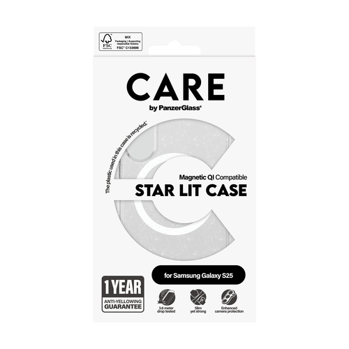 PanzerGlass CARE™ by ® Star Lit Case w. White Qi Compatible Samsung Galaxy S25 mobiele telefoon behuizingen Hoes Transparant