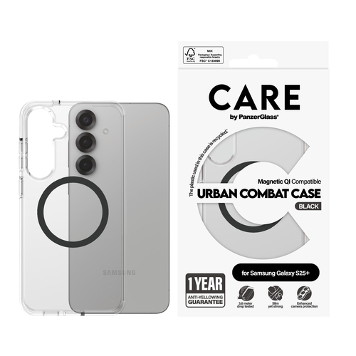 PanzerGlass CARE™ by ® Urban Combat Case Transparent w. Black Qi Compatible Samsung Galaxy S25+ mobiele telefoon behuizingen Hoes Transparant