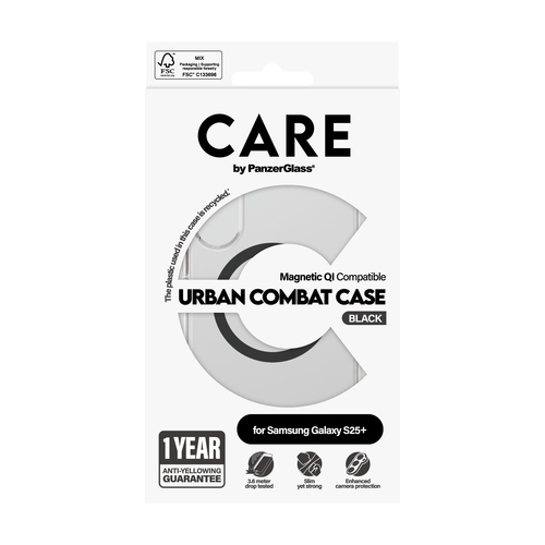 PanzerGlass CARE™ by ® Urban Combat Case Transparent w. Black Qi Compatible Samsung Galaxy S25+ mobiele telefoon behuizingen Hoes Transparant