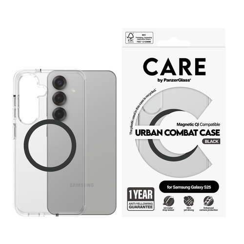 PanzerGlass CARE™ by ® Urban Combat Case Transparent w. Black Qi Compatible Samsung Galaxy S25 mobiele telefoon behuizingen Hoes Transparant