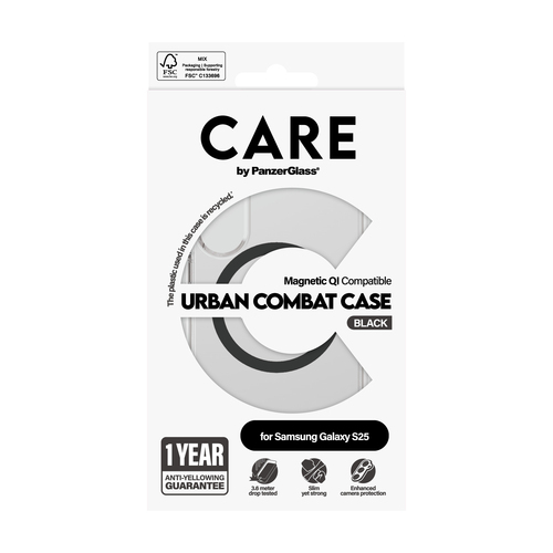 PanzerGlass CARE™ by ® Urban Combat Case Transparent w. Black Qi Compatible Samsung Galaxy S25 mobiele telefoon behuizingen Hoes Transparant