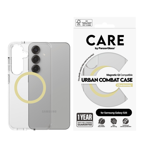 PanzerGlass CARE™ by ® Urban Combat Case Transparent w. Chardonnay Qi Compatible Samsung Galaxy S25 mobiele telefoon behuizingen Hoes Transparant