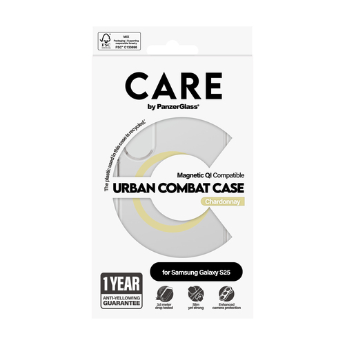 PanzerGlass CARE™ by ® Urban Combat Case Transparent w. Chardonnay Qi Compatible Samsung Galaxy S25 mobiele telefoon behuizingen Hoes Transparant