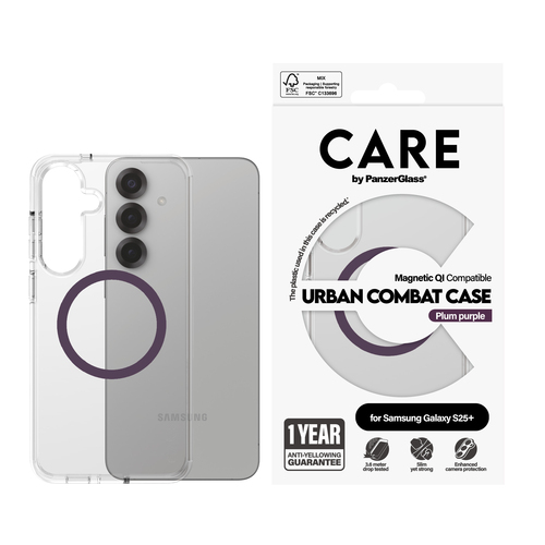 PanzerGlass CARE™ by ® Urban Combat Case Transparent w. Plum Purple Qi Compatible Samsung Galaxy S25+ mobiele telefoon behuizingen Hoes Transparant