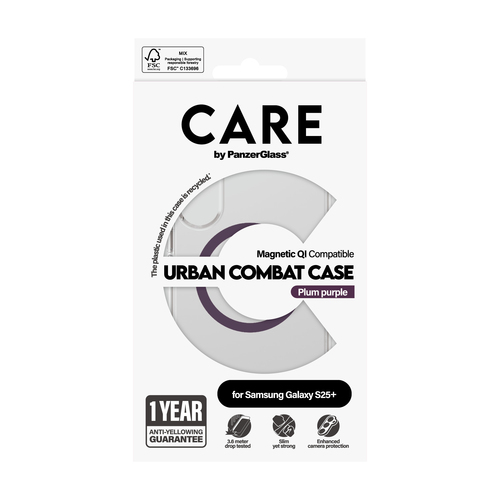 PanzerGlass CARE™ by ® Urban Combat Case Transparent w. Plum Purple Qi Compatible Samsung Galaxy S25+ mobiele telefoon behuizingen Hoes Transparant
