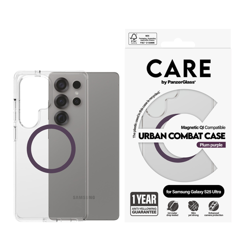 PanzerGlass CARE™ by ® Urban Combat Case Transparent w. Plum Purple Qi Compatible Samsung Galaxy S25 Ultra mobiele telefoon behuizingen Hoes Transparant