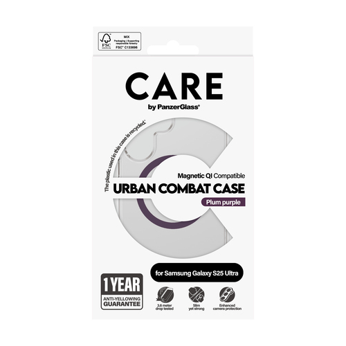 PanzerGlass CARE™ by ® Urban Combat Case Transparent w. Plum Purple Qi Compatible Samsung Galaxy S25 Ultra mobiele telefoon behuizingen Hoes Transparant