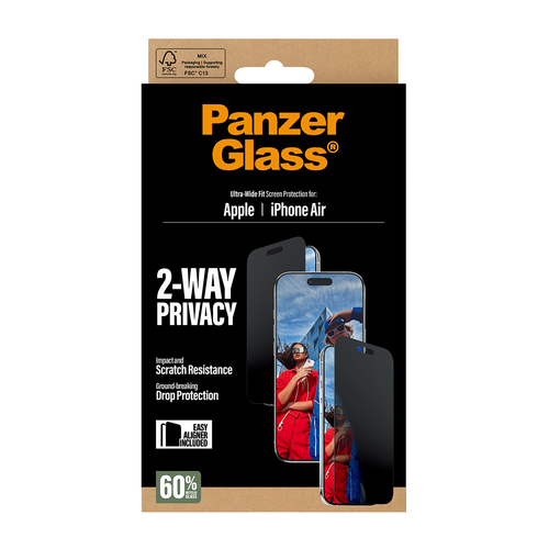 PanzerGlass ® 2-Way Privacy Screen Protector iPhone Air | Ultra-Wide Fit w. EasyAligner Doorzichtige schermbeschermer Apple 1 stuk(s)
