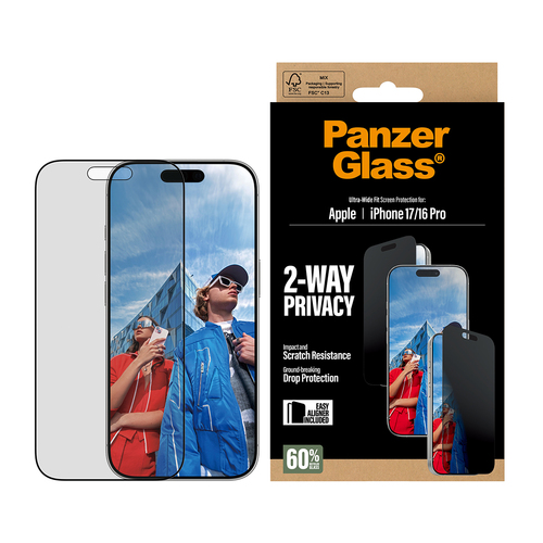 PanzerGlass ® 2-Way Privacy Screen Protector iPhone 17 | iPhone 16 Pro | Ultra-Wide Fit w. EasyAligner Doorzichtige schermbeschermer Apple 1 stuk(s)