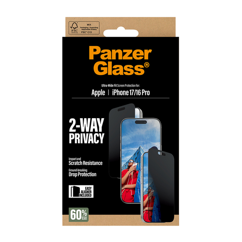 PanzerGlass ® 2-Way Privacy Screen Protector iPhone 17 | iPhone 16 Pro | Ultra-Wide Fit w. EasyAligner Doorzichtige schermbeschermer Apple 1 stuk(s)
