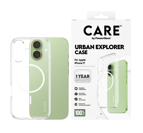 PanzerGlass CARE™ by ® Urban Explorer Case Transparent w. White MagSafe iPhone 17 mobiele telefoon behuizingen Hoes Transparant