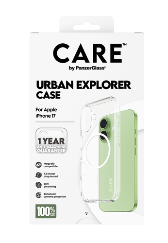 PanzerGlass CARE™ by ® Urban Explorer Case Transparent w. White MagSafe iPhone 17 mobiele telefoon behuizingen Hoes Transparant
