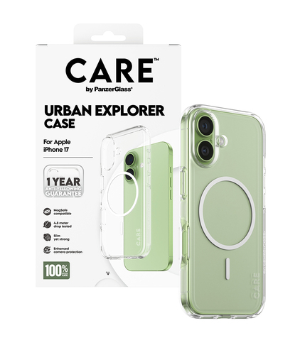 PanzerGlass CARE™ by ® Urban Explorer Case Transparent w. White MagSafe iPhone 17 mobiele telefoon behuizingen Hoes Transparant