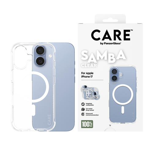 PanzerGlass CARE™ by ® Samba Case Transparent w. White MagSafe iPhone 17 mobiele telefoon behuizingen Hoes Transparant