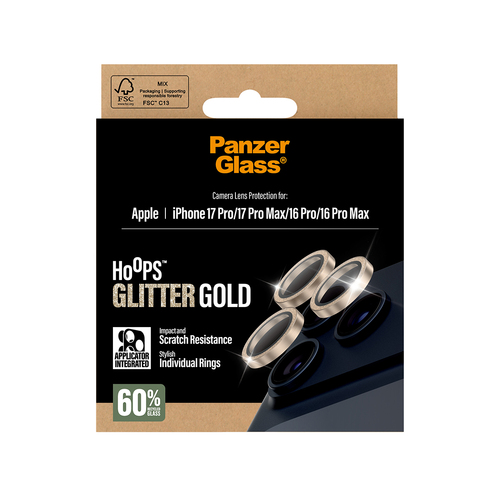 PanzerGlass ® Hoops® Camera Lens Protector Glitter Gold iPhone 17 Pro | iPhone 17 Pro Max | iPhone 16 Pro | 16 Pro Max Doorzichtige schermbeschermer Apple 1 stuk(s)