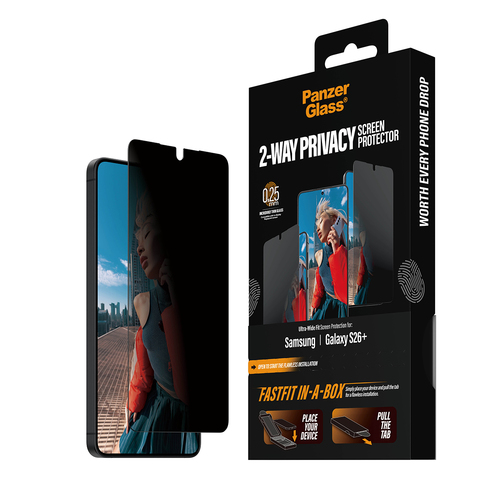 PanzerGlass ® 2-Way Privacy Screen Protector Samsung Galaxy S26+ | Ultra-Wide Fit w. Fastfit in-a-box Doorzichtige schermbeschermer 1 stuk(s)