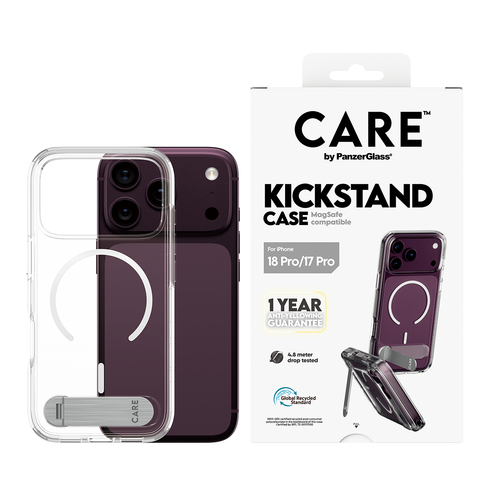 PanzerGlass CARE™ by ® Kickstand Case Transparent w. White MagSafe iPhone 18 Pro | 17 Pro mobiele telefoon behuizingen Hoes Transparant