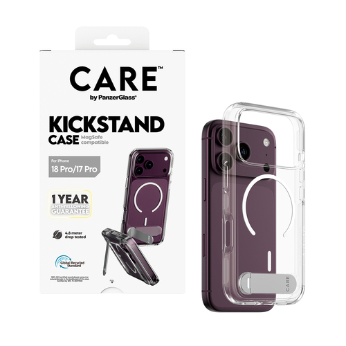 PanzerGlass CARE™ by ® Kickstand Case Transparent w. White MagSafe iPhone 18 Pro | 17 Pro mobiele telefoon behuizingen Hoes Transparant