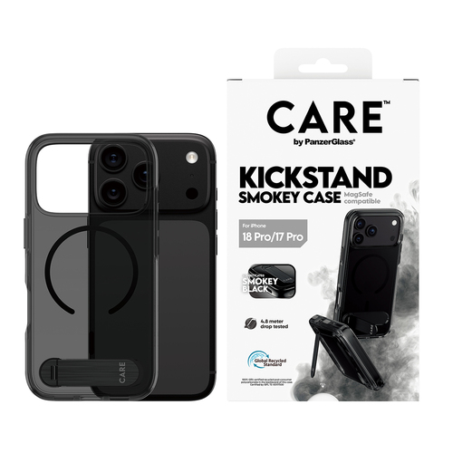PanzerGlass CARE™ by ® Kickstand Case Smokey w. Black MagSafe iPhone 18 Pro | 17 Pro mobiele telefoon behuizingen Hoes Zwart